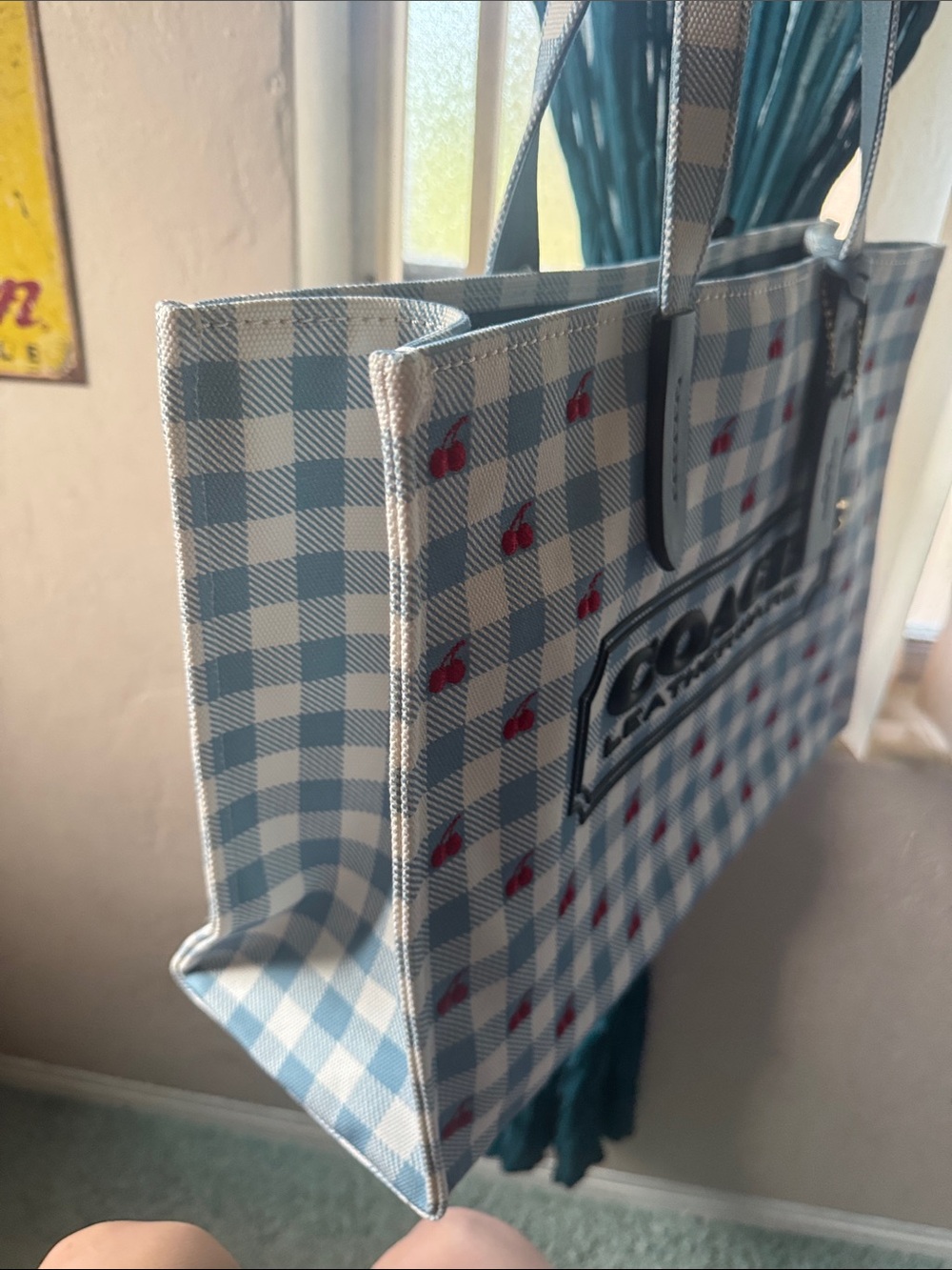 Coach Blue & White Gingham Tote with Red Cherry Accents BRAND NEW NEVER USED - Picture 7 of 16